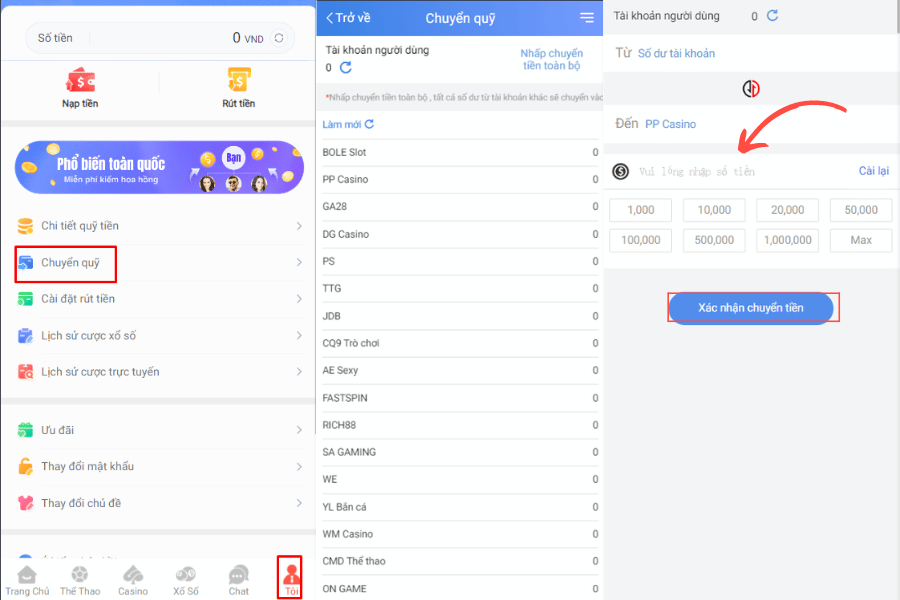 các bước chuyển quỹ tại sodo casino